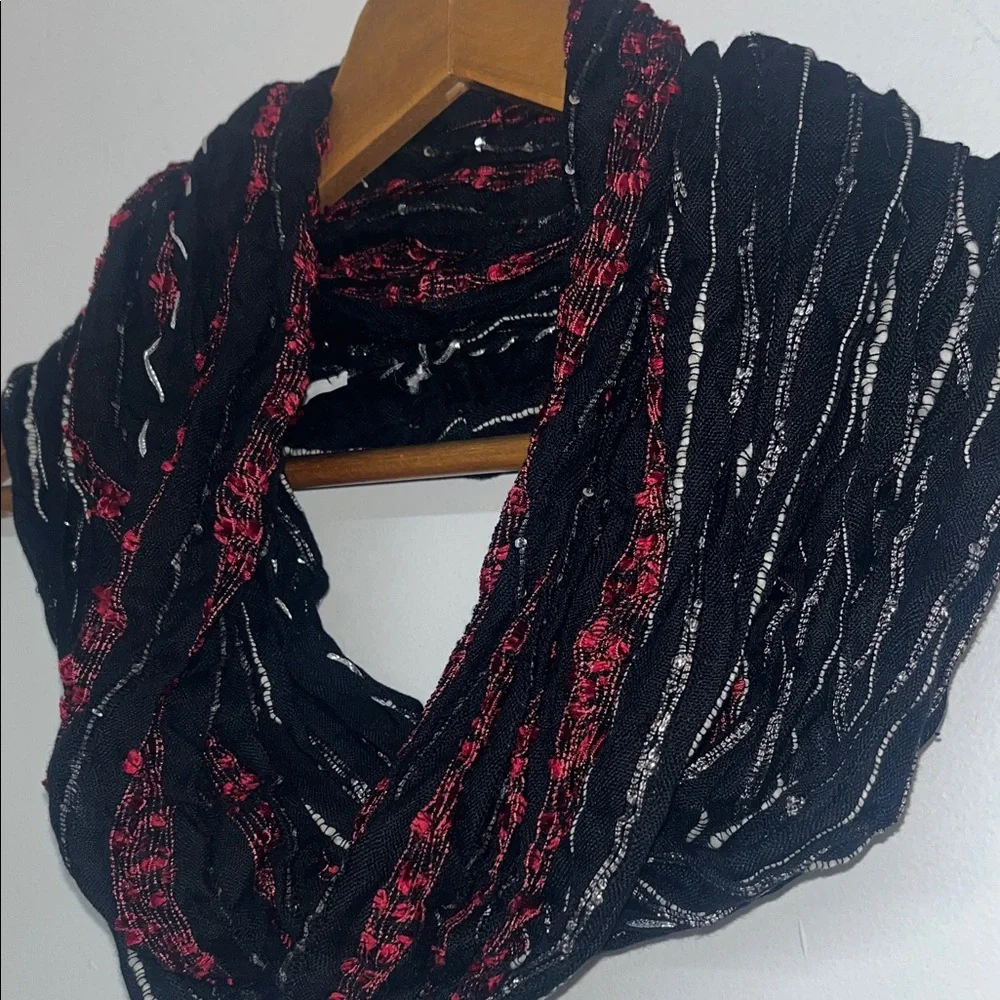 Bohemian Mixed Textile Fabric Infinity Scarf, Sequins, Sparkle Black Red Cream